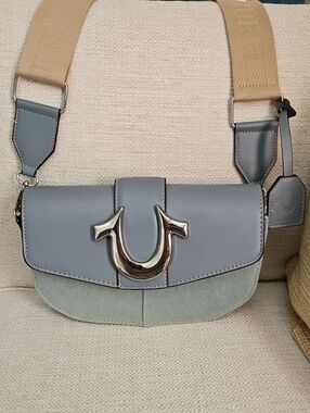 True Religion Dusty Blue Crossbody Bag with Tan Strap